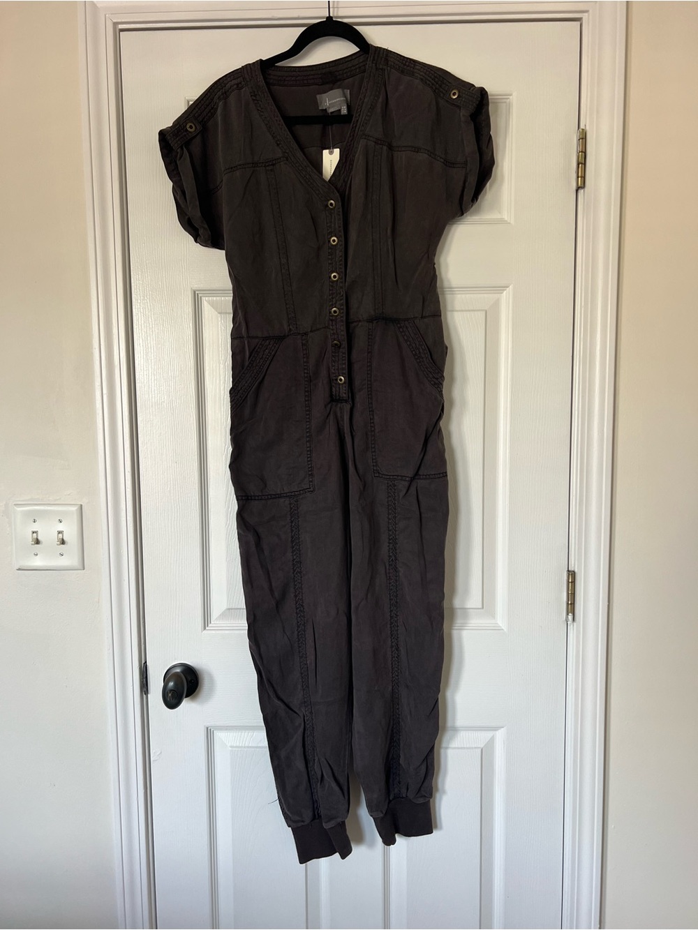 Anthropologie Dark Charcoal Short-Sleeve Utility Jumpsuit